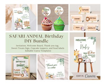 Op de afbeelding: Een printbare DIY-bundel voor een safari-dieren thema eerste verjaardag feest. De bundel bevat een uitnodiging, welkomsbord, bedankkaart, snoepjesbord, cupcake toppers en voedsellabels. Het ontwerp heeft een jungle dieren thema met groene bladeren en een aquarel stijl.