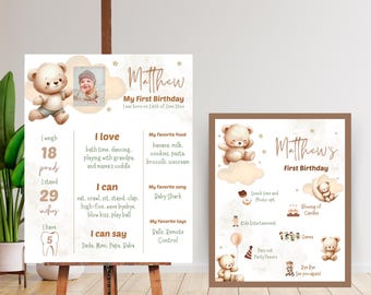 Birthday Milestone Bear Theme Editable Template First Birthday Welcome Board Party Program Printable Bear First Birthday Milestone Poster