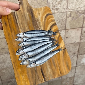 Sardinas en una tabla de cortar, pintura al óleo original, arte de pared de cocina rústica, arte de mariscos, arte de pescado de estilo francés campestre de AymelekArt