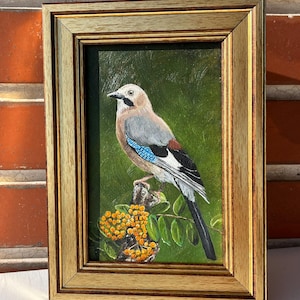 Pássaro Pintura a Óleo Original Com Paisagem Galho de Árvore Pequeno Animal Bonito Arte de Parede Garrulus Glandarius Pássaros Arte por AymelekArt