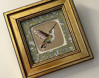 Original Hummingbird Painting, Golden Frame, Floral Fabric Mat, Gouache Wall Art By AymelekArt