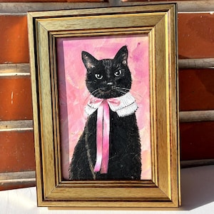 Peinture à l'huile originale de chat noir chat drôle avec le ruban rose Fine Art peinture à la main Portrait d'animal de compagnie cadeau pour les amoureux des chats par AymelekArt