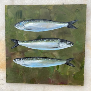 Sardine painting Original Small Oil Painting Kitchen Wall art  Seafood art miniature French Country Fish art by AymelekArt