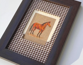 Horse Drawing, Original Color Pencil Art with Fabric Mat, Framed By AymelekArt