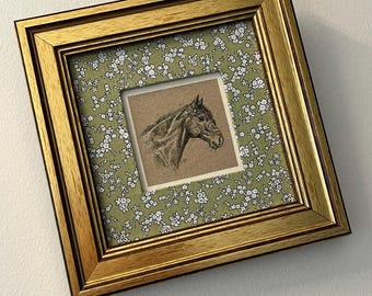 Hand-Drawn Horse Art, Free Horses Collection- Wild Horse, Golden Frame, Floral Mat By AymelekArt