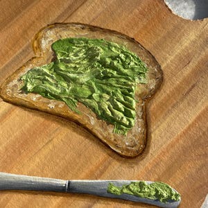 Pain grillé à l'avocat empâtement peinture décoration de cuisine planche à découper art mural réalisme nature morte petit déjeuner oeuvre d'art originale 3d texturé par AymelekArt