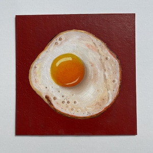 Huevo frito, pintura al óleo original, decoración de pared de cocina, obra de arte, comida pequeña, realismo, bodegón, desayuno, huevos revueltos, bellas artes de AymelekArt