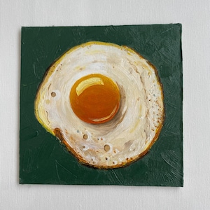 Huevo frito original, pintura al óleo, decoración de cocina, obra de arte mural, comida pequeña, realismo, bodegón, desayuno, huevos revueltos, bellas artes de AymelekArt