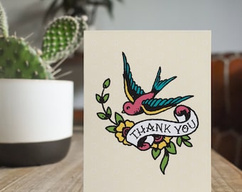 Vintage Tattoo Flash Thank You Cards - American Traditional Sparrow with Banner, Stationery - Allison by Two Poodle Press