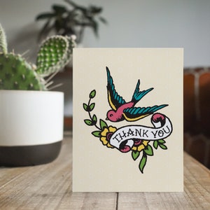 Vintage Tattoo Flash Dankeskarten - Traditioneller amerikanischer Spatz mit Banner, Briefpapier - Allison von Two Poodle Press