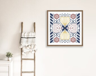 Scandinavian Floral Tile Art Print: Hygge Neutral Decor (Digital Download)