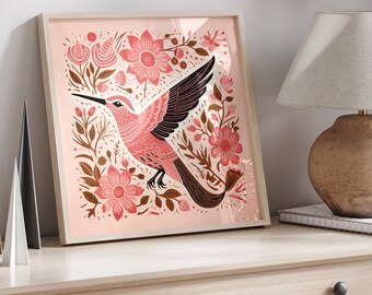 Hummingbird Folk Art Print: Pink Cottagecore Bird Decor (Digital Download)