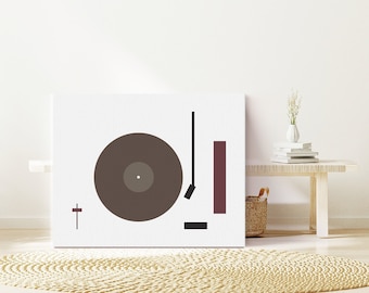 May include: A white canvas print with a minimalist design of a record player. The record is brown, the tonearm is black, and the speaker is a dark red rectangle.