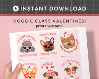 Valentine Classroom Printable Cards, Dog Valentines for Girls and Boys, Unisex Valentines for Class, Valentines for School, Instant Download