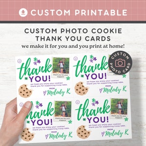 Tarjetas de agradecimiento imprimibles personalizadas con foto, imprimibles personalizadas con nombre, foto y tropa, tarjetas de agradecimiento de galletas imprimibles