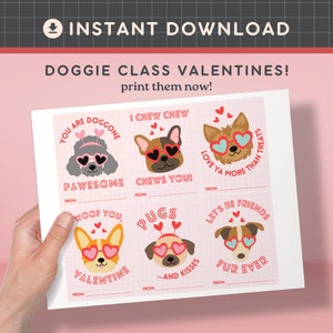 Valentine Classroom Printable Cards, Dog Valentines for Girls and Boys, Unisex Valentines for Class, Valentines for School, Instant Download image 1