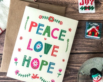 Christmas Cards, Holiday Greeting Cards, Vintage Scandinavian Hygge Design with Recycled Kraft Envelopes- Peace Love Hope - Kirsten Danish