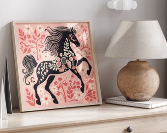 Pink Horse Art Print: Boho Floral Girls Bedroom Decor (Digital Download)