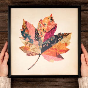 Patchwork herfstbladprint – herfstkunst aan de muur, gezellig seizoensdecor, rustieke quilt-geïnspireerde bladeren, afdrukbare kunst