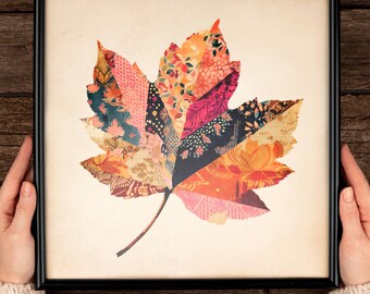 Patchwork Fall Leaf Print – Autumn Wall Art, Cozy Seasonal Decor, Rustic Quilt-Inspired Leaves, Printable Art