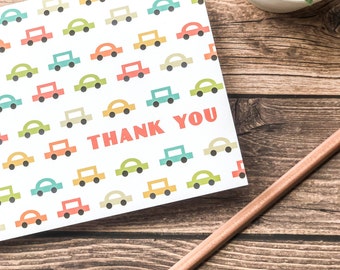 Modern Baby Boy Car Birthday Party or Shower Thank You Cards, Retro Pop Tone Cars for Kids with Kraft Envelopes - Liam by Two Poodle Press