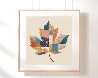 Patchwork Fall Leaf Print – Autumn Wall Art, Cozy Seasonal Decor, Rustic Quilt-Inspired Leaves, Printable Art