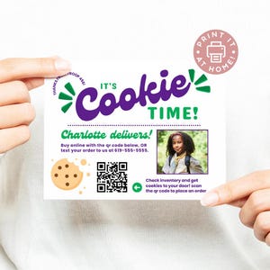 Scout Cookies Individuell bedruckbarer Flyer mit FOTO + QR-Code, Print at Home Cookie Verkaufskarten mit Name, Gruppennummer und Website-Truppenführer
