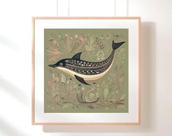 Boho Dolphin Art Print: Sage Green Nursery Wall Decor (Digital Download)
