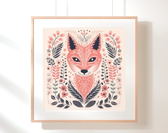 Pink Fox Kitchen Art, Fox Nursery Wall Art, Modern Folk Art, Boho Nursery Decor, Bohemian Art Poster Instant Download, American Folk Art