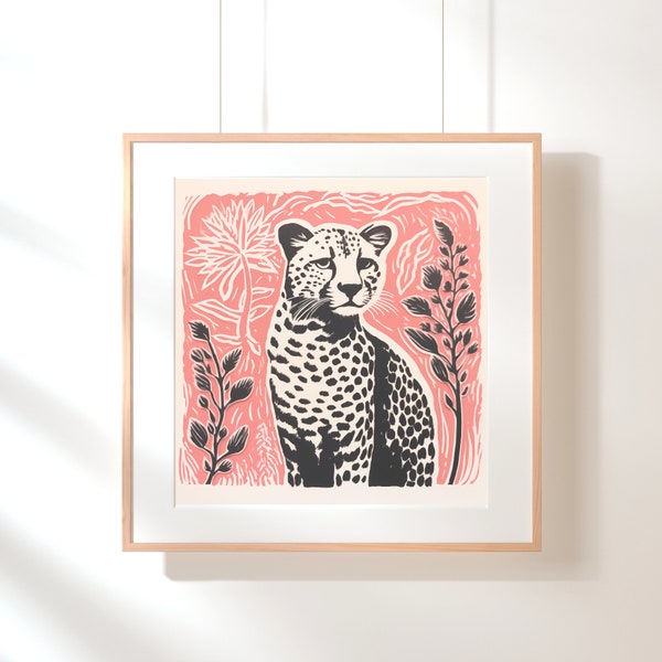 Pink Cheetah Print, Jungle Nursery Art Instant Download, Pink Jungle Wall Art | Folk Art Cheetah in Jungle Boho Style, Pink and Black Art