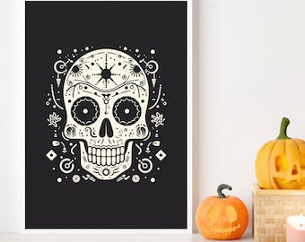 Halloween Art Download, Sugar Skull, Black & White, Maximalist Home Decor | Skeleton Art Print, Halloween Decor for Fall, Dia de los Muertos