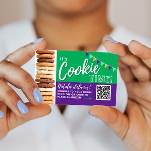 Scout Cookies Visitenkartendatei mit benutzerdefiniertem QR-Code, druckbarer Cookie-Flyer, druckbare Datei, die mit Ihrem benutzerdefinierten QR-Code-Cookie-Umsatz vorgeladen ist