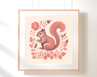 Squirrel Gifts, Squirrel Wall Art in Rust and Cream, Modern Folk Art, Boho Nursery Decor, Cottagecore Poster Instant Download, Fall Decor