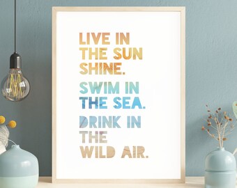 May include: A framed print with the words "LIVE IN THE SUNSHINE. SWIM IN THE SEA. DRINK IN THE WILD AIR." in colorful gradient text. The print is in a light wood frame, and is displayed on a light-colored shelf against a blue wall.