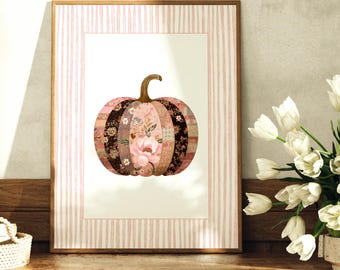 Pink Patchwork Pumpkin Print – Cottagecore Fall Wall Art, Rustic Quilt-Inspired Pumpkin, Cozy Autumn Printable Decor, Instant Download