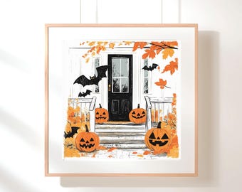 Halloween Porch Art: Pumpkins and Bats Fall Decor (Digital Download)