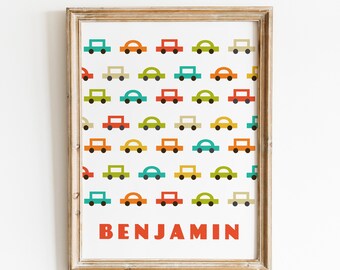 Personalized Custom Name Printable | Retro Mid Century Cars in Pop Art Colors Vintage Autos Transportation : Hipster Nursery Decor for Boys