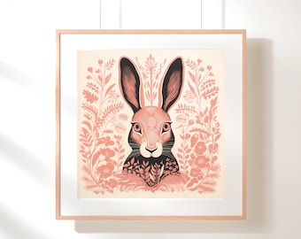 Pink Bunny Art Print, Boho Bunny Rabbit Nursery Art Instant Download, Pink and Black Cottage Farm Print | Folk Art, Desert Nursery Decor Art