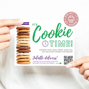 Scout Cookies Benutzerdefinierte druckbare Karten mit QR-Code, Print at Home-Plätzchen-Verkaufskarten mit Name, Truppe-Nummer und Website, Truppe-Führer-Ideen