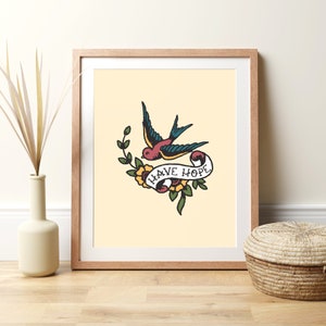 Tattoo Flash Art Print with Sparrow, Vintage Tattoo Printable with &quot;Have Hope&quot; Banner | Traditional Tattoo Art, Tattoo Design | Bedroom Art