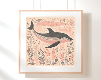 Whale Art, Whale Wall Art, Whale Nursery Print, Boho Nursery Decor, Modern Folk Art, Folk Art Print, Coastal Cowgirl Art, Blush Pink Art