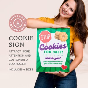 Letrero de parada para galletas, letrero imprimible para puesto de galletas de Scout, venta de carros o galletas imprimibles, parada para galletas, letrero de mesa para venta de galletas