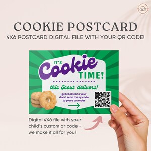Scout Cookies 4X6 Flyer com QR Code e Nome, Cartão Postal de Biscoitos para Imprimir, Cartão de Folheto de Biscoitos Personalizado para Vendas de Biscoitos com Site