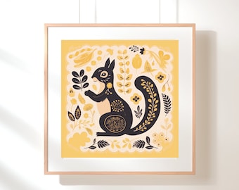 Squirrel Folk Art Print: Yellow Boho Nursery Decor (Digital Download)