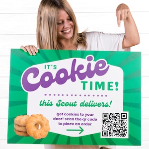 Letrero para jardín de galletas Scout con código QR personalizado, letrero para jardín de galletas imprimible de 18 x 24, reciba el archivo imprimible final precargado con su código QR personalizado