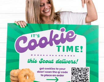 Scout Cookies Yard Sign with Custom QR Code, 18X24 Printable Cookie Lawn Sign, Receive Final Printable File Preloaded w/ Your Custom QR Code