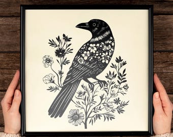 Floral Raven Art Print, Modern Botanical Bird Illustration, Nature Wall Art Printable, Black Crow Decor, Minimal Folk Style Download
