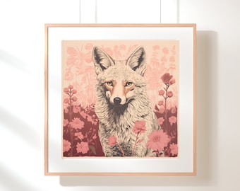 Pink Fox Kitchen Art, Fox Nursery Wall Art, Modern Folk Art, Boho Nursery Decor, Bohemian Art Poster Instant Download, Desert Poster Fox