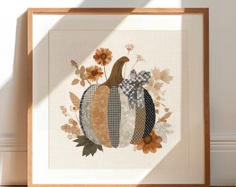 Lámina de pared de calabaza patchwork: decoración floral otoñal, acogedora obra de arte de temporada, calabaza rústica inspirada en colchas, lazo de cuadros vichy / Otoño imprimible
