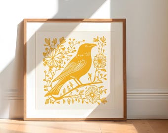Butter Yellow Crow Art Print: Boho Folk Art Wall Decor (Digital Download)